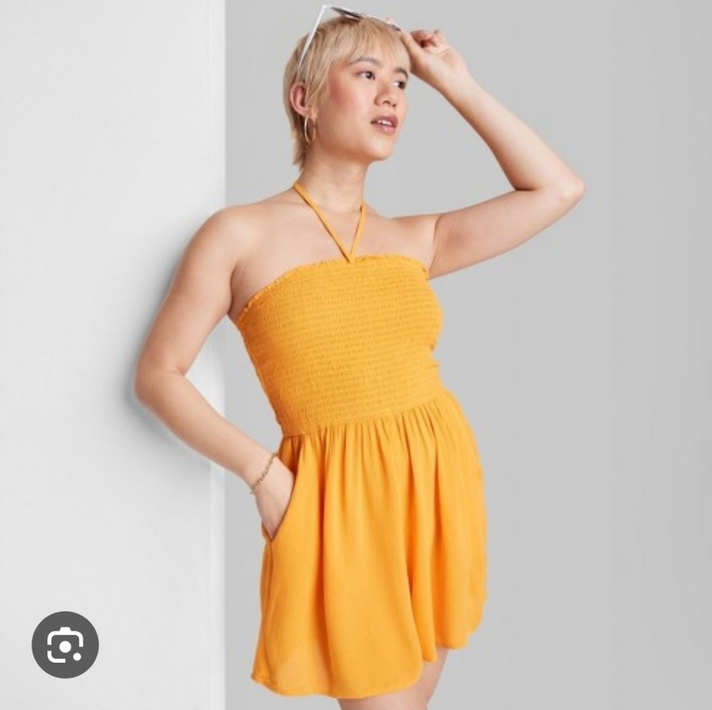 Women's Sleeveless Woven Smocked Romper Halter Wild Fable mango orange